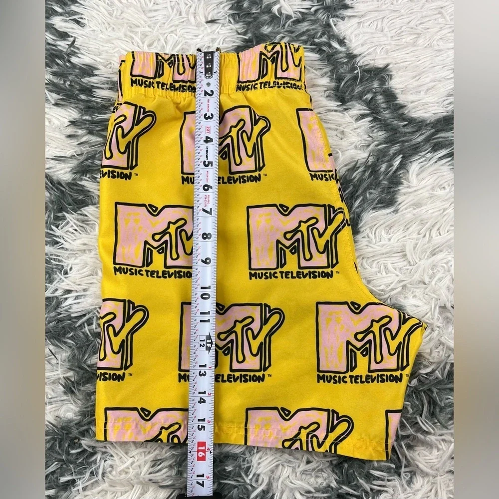 MTV Men's Yellow Pink Swim Trunks Logo Print Size Medium No Lining